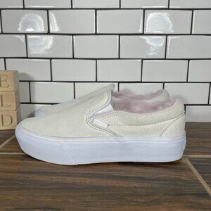Vans Classic Slip On Platform Womens 8 Shoes Cream Suede Pink Faux Fur Sneaker
